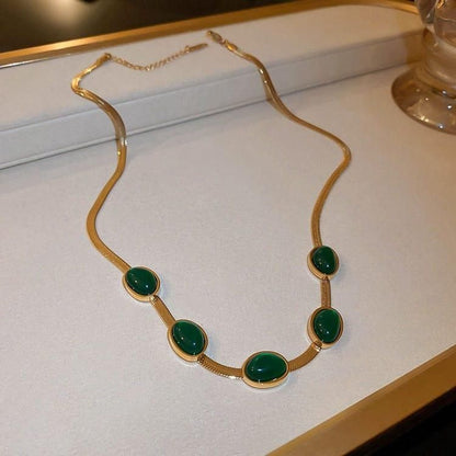 Oval Green Crystal Pendant Necklace & Bracelet Set – Elegant Gold Plated Jewelry for Women