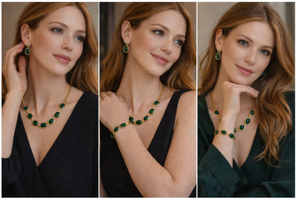 Oval Green Crystal Pendant Necklace & Bracelet Set – Elegant Gold Plated Jewelry for Women